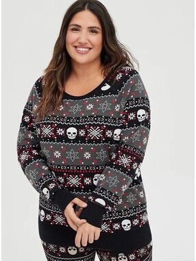 Torrid Women’s Size 2 (2X) Skull Fair Isle Knit Holiday Sweater Black Red White